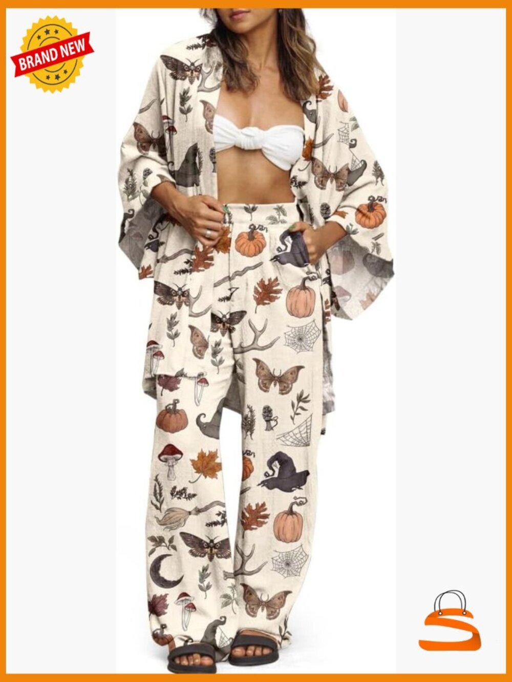 Women Witchy Boho 2 Piece Lounge Set Wide Leg Pants Cardigan Plus Pockets